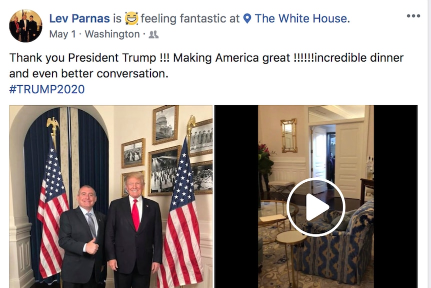 A Facebook post by Lev Parnas showing photos and videos of his visit to the White House.