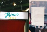A composite image including the Karen's Diner sign and a notice on the door showing a termination of the lease.