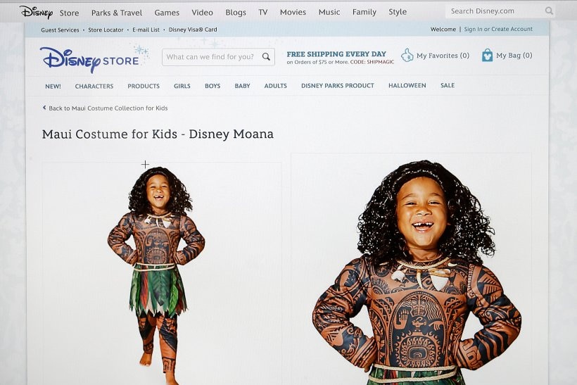 A screenshot of the online Disney store featuring the Maui costume