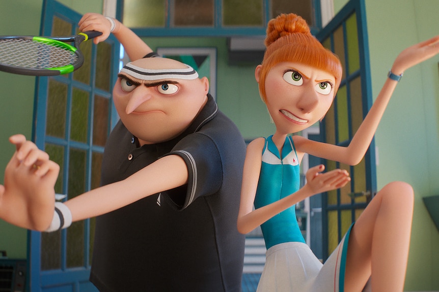 An animated white man and woman wearing tennis gear strike an action pose.