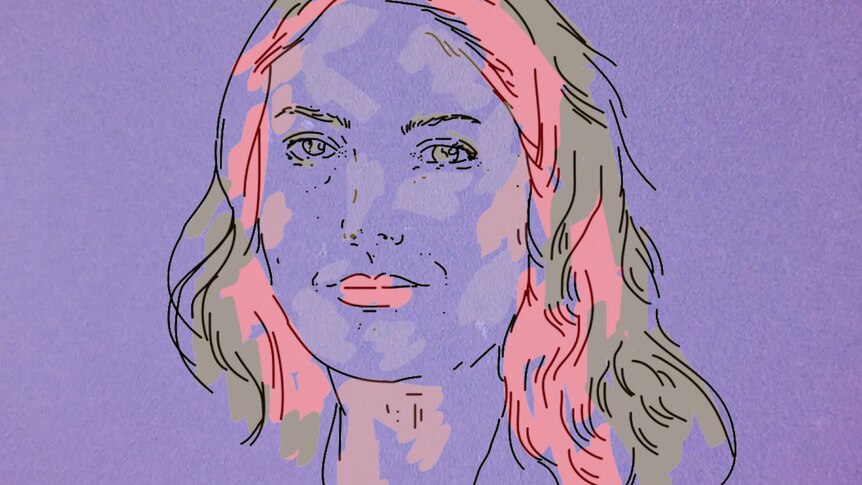A line drawing sketch of Roia Atmar on a pastel purple background and with some pink and grey blocks of colour in her hair.