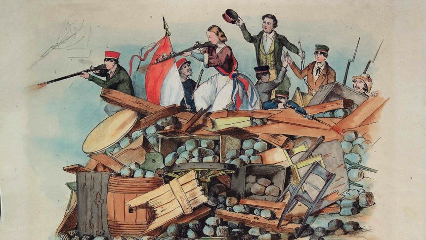 painting of The Amazon on the barricade at the Small Ring in Prague, 1848. A sketch of men and women fighting on a barricade.