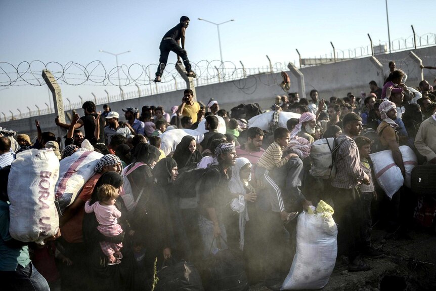 Crowds of people, some climbing a barbed wire fence.