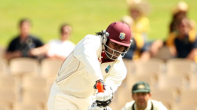 Slow and steady: Chris Gayle notched his half-century during a middle session in which West Indies added 84 runs.
