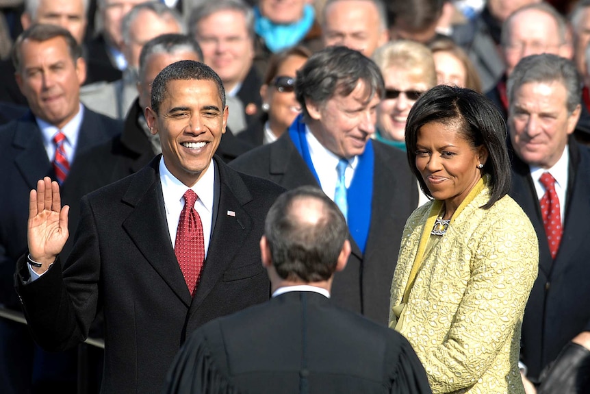Barack and Michelle Obama at his 2009 inauguration ceremony