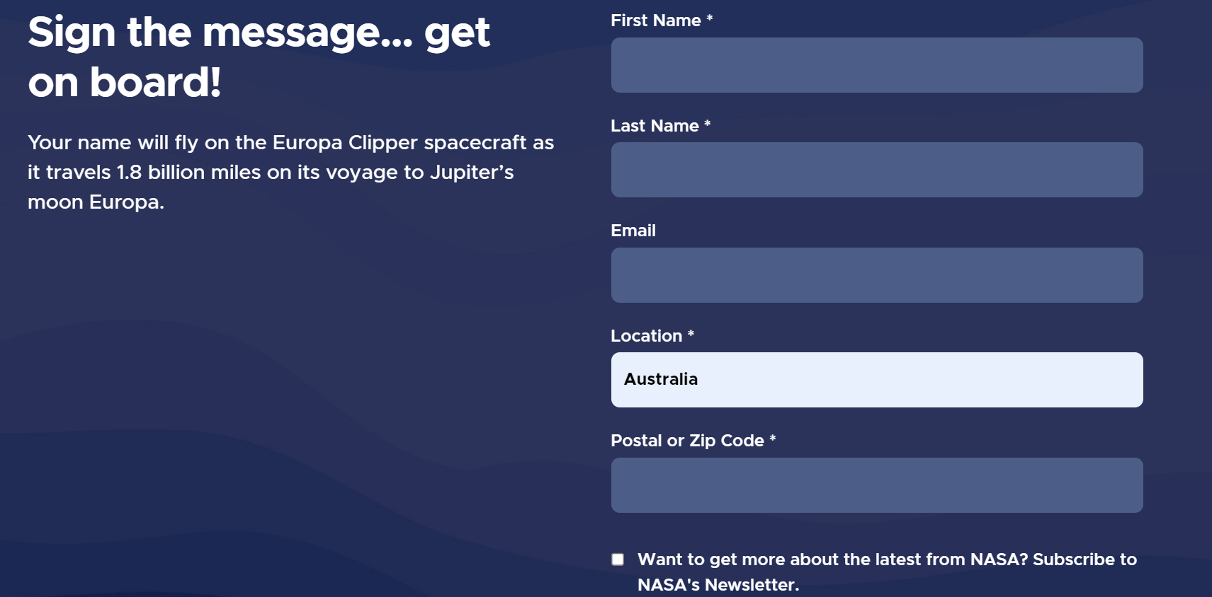 A screenshot of NASA's website encouraging people to add their names to the list that'll be on the Europa Clipper