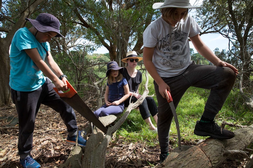 Teacher Anita Harding and student Maddy sit on a log as they watch two other students saw through fallen tree branches.