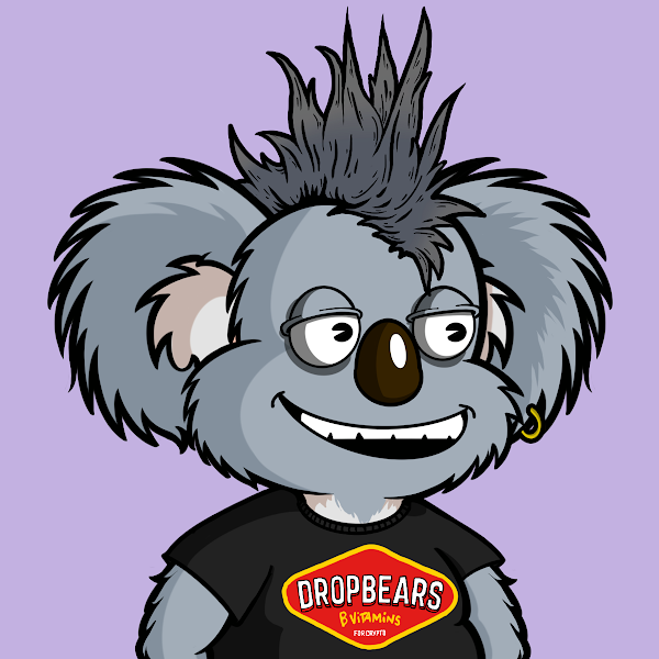 A cartoon koala with a grey mohawk and t-shirt parody of the Vegemite logo which reads 'drop bears'.