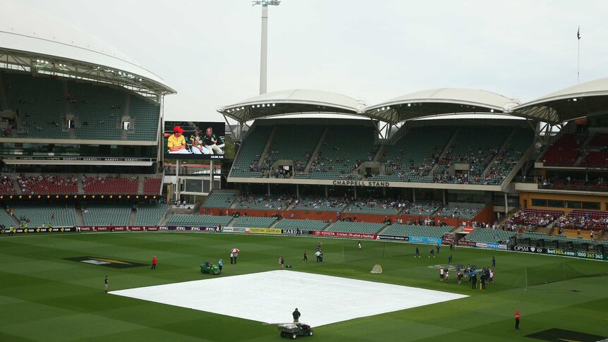 Covers put on the pitch at Adelaide Oval as rain falls before day two of first Test against India.