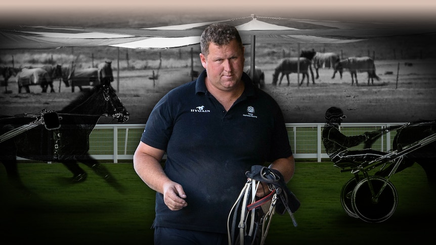 A graphic of Ben Yole superimposed in front of horses on his property and a race.