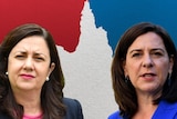 Palaszczuk and Frecklington look serious against a red and blue backdrop of Queensland map.