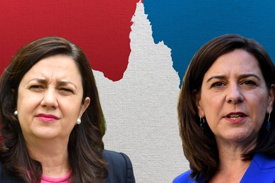 Palaszczuk and Frecklington look serious against a red and blue backdrop of Queensland map.