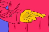 An illustration of a person crossing their fingers behind their back, depicting lying.