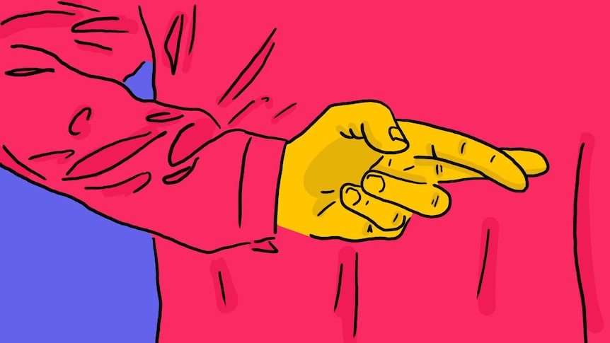 An illustration of a person crossing their fingers behind their back, depicting lying.