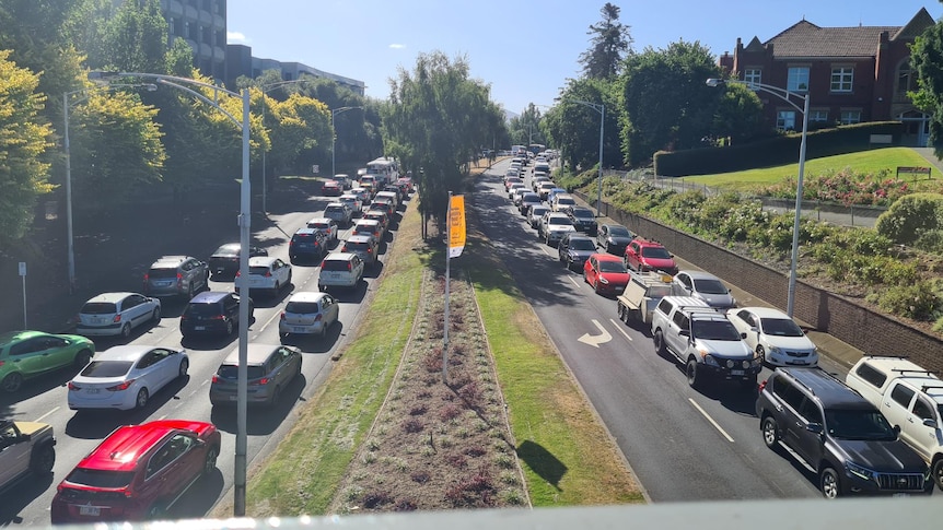 Coches en cola a lo largo de una carretera