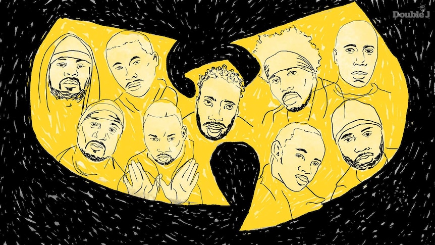 An illustration of the members of New York hip hop collective Wu-Tang Clan