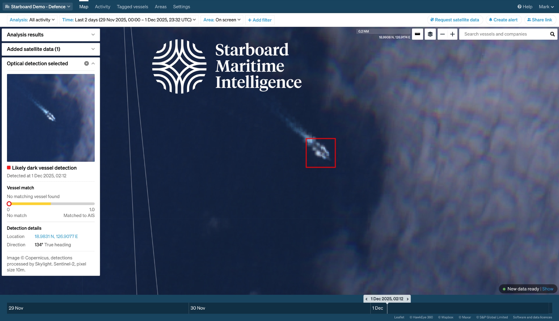 Screenshot of Starboard Maritime Intelligence webpage showing satellite photo of the ocean with a red square around a destroyer