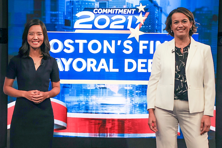 Boston City Councilors Michelle Wu, left, and Annissa Essaibi George