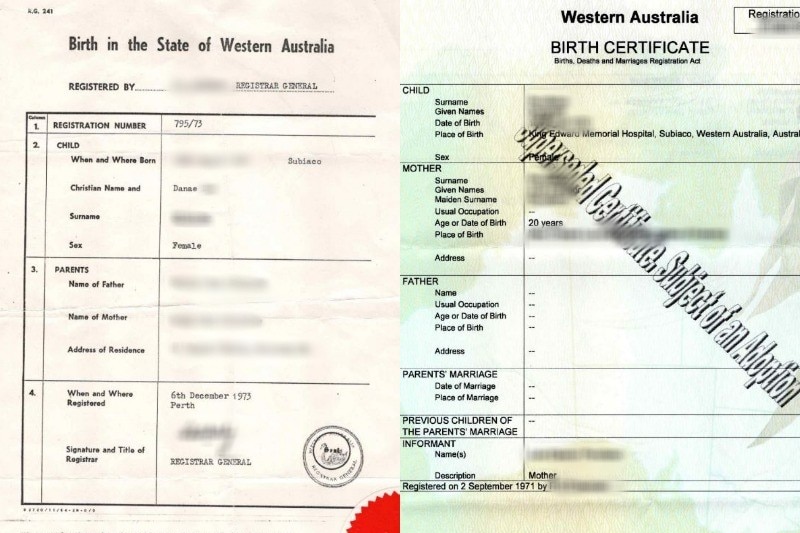 Two Western Australian birth certificates side by side with some areas blurred out. 