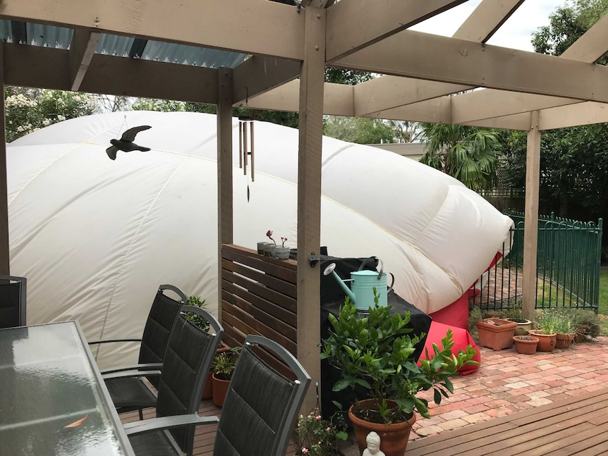 A white and reg hot air balloon collapsed across pool fence and pergola.