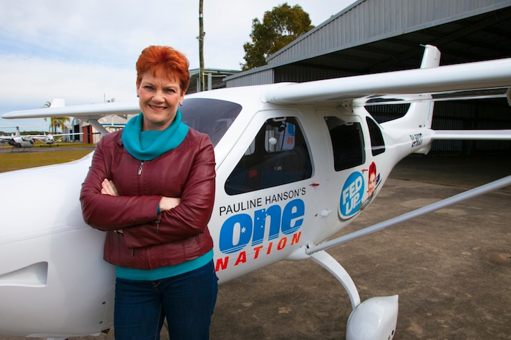 One Nation part leader Pauline Hanson stands in front of a light plane.
