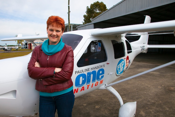 One Nation part leader Pauline Hanson stands in front of a light plane