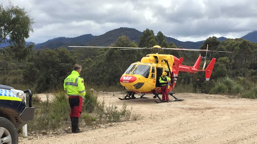 Rescue helicopter near Maydena, in south-west Tasmania