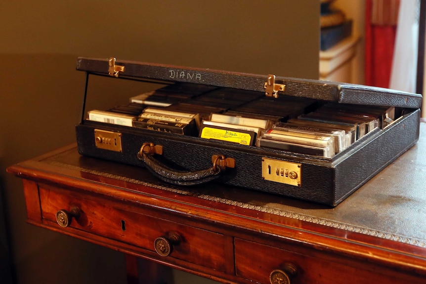 A box of tape cassettes near the desk where Princess Diana worked in her Sitting room at Kensington Palace.