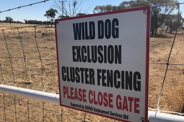 A RAPAD fencing sign stating 'Wild dog exclusion cluster fencing: please close gate".
