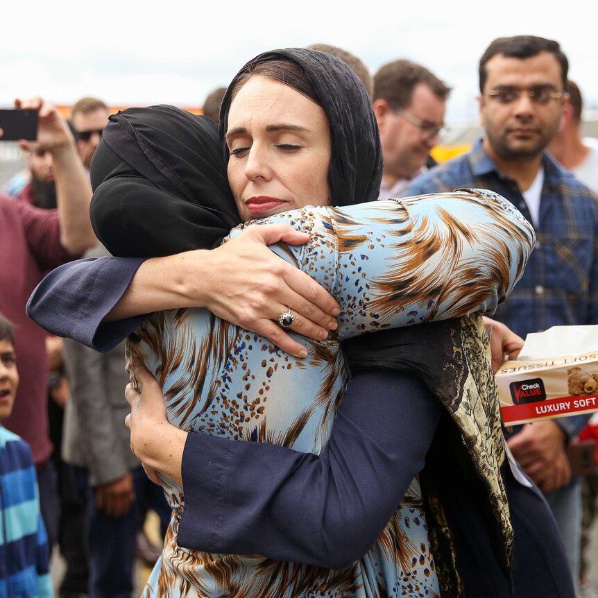 Prime Minister Jacinda Ardern hugs a mosque-goer at the Kilbirnie Mosque on March 17, 2019 in Wellington, New Zealand.