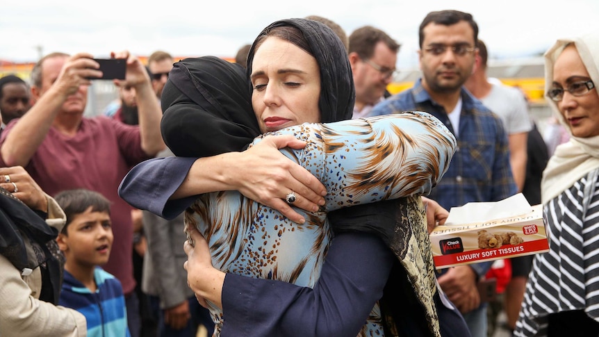 Prime Minister Jacinda Ardern hugs a mosque-goer at the Kilbirnie Mosque on March 17, 2019 in Wellington, New Zealand.