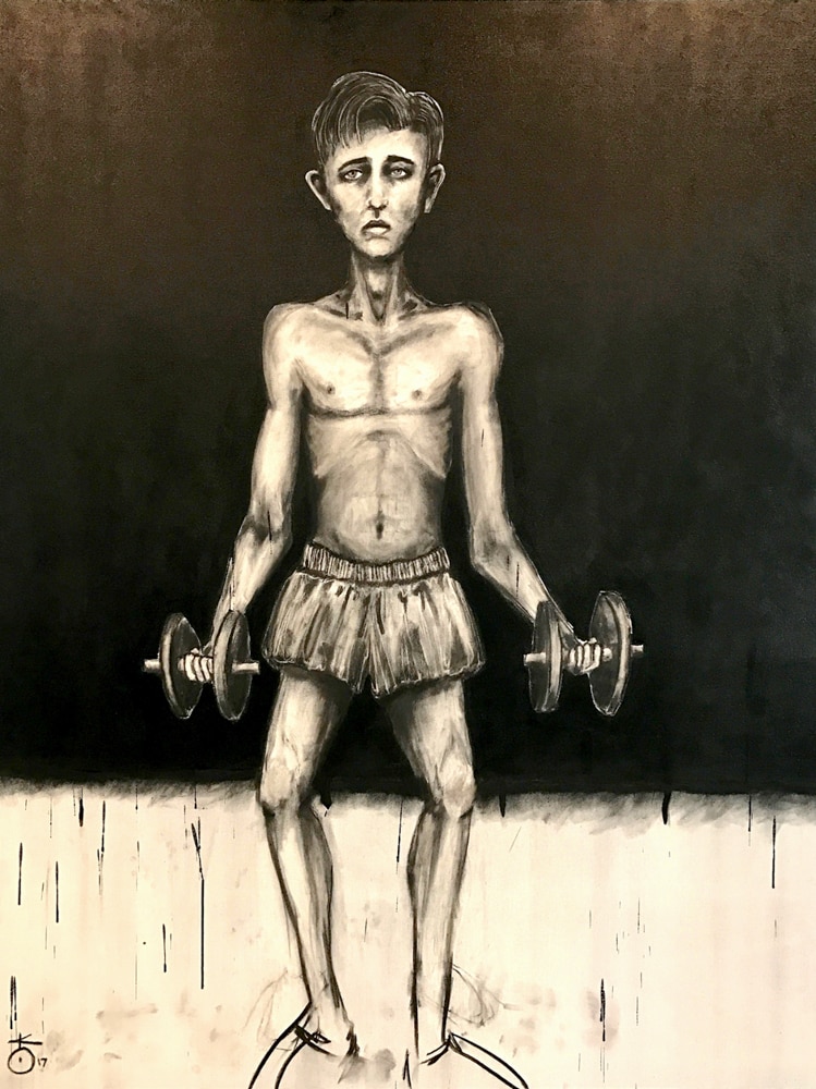 Artwork titled Beginnings shows a man lifting weights.