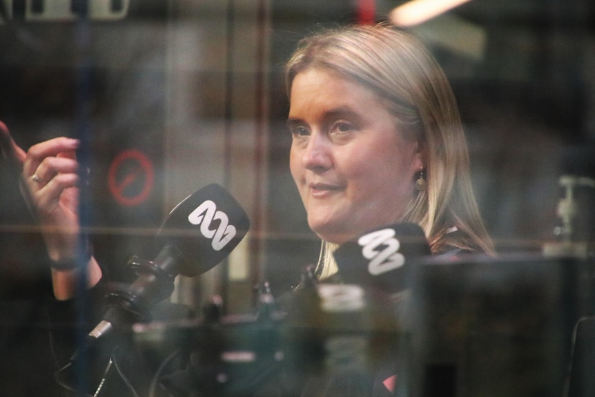 A woman photographed behind glass in from of an ABC branded microphone