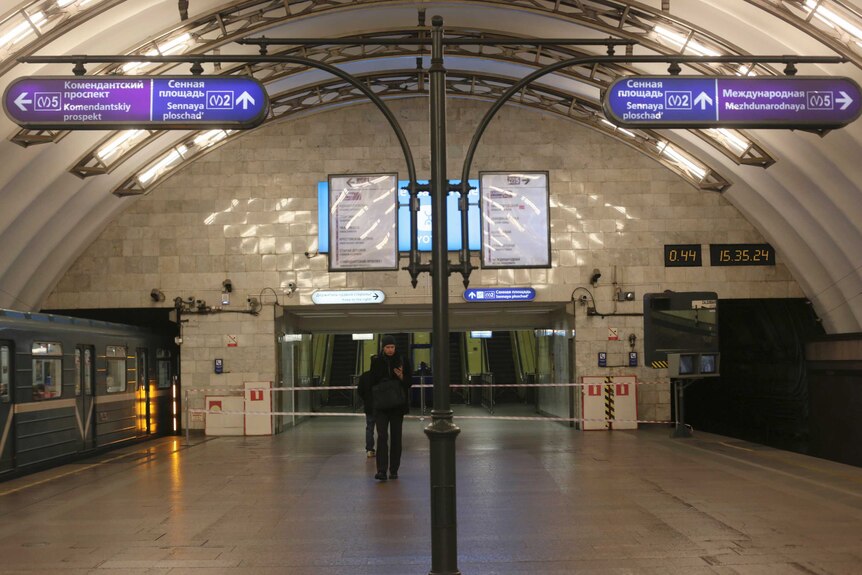 The entrance of the Sadovaya subway station is closed by a police cordon after an explosion in St. Petersburg