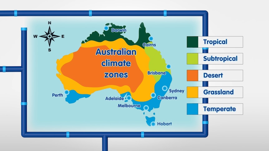 Graphic images shows map of Australia denoting 6 climate zones