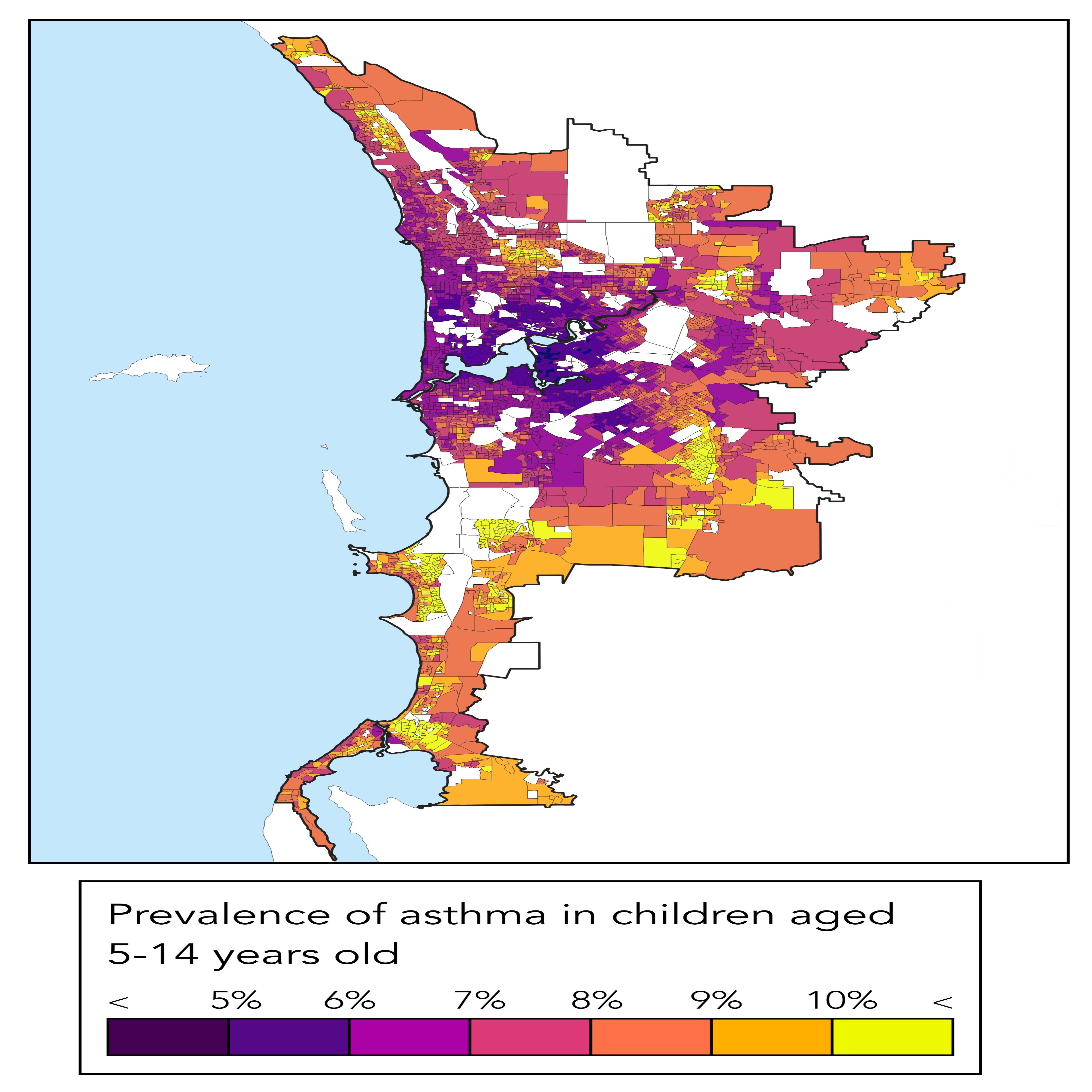 Asthma risk map of perth showing lighter colours indicating more asthma in outer suburbs 