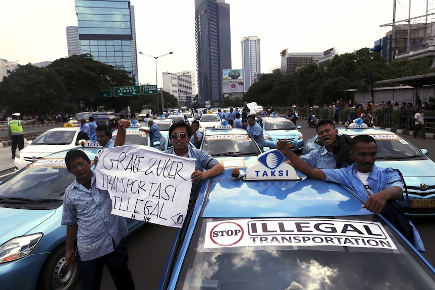 Taxi drivers protest against ride-hailing apps in Jakarta