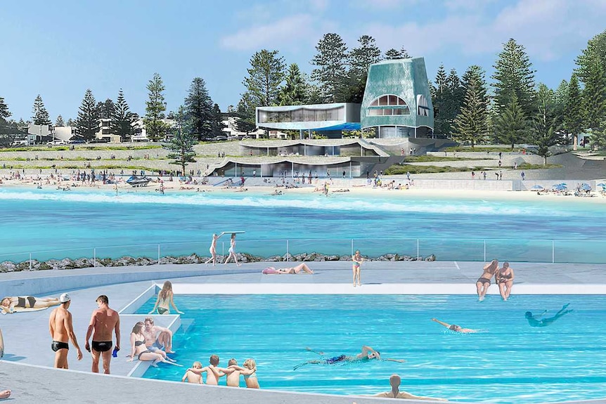 One of the designs showing a swimming pool set back from the shoreline.