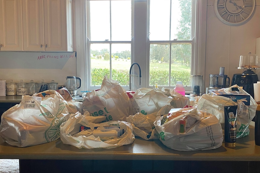 Bags of groceries laid out on a country kitchen bench with a window to the outside beyond.