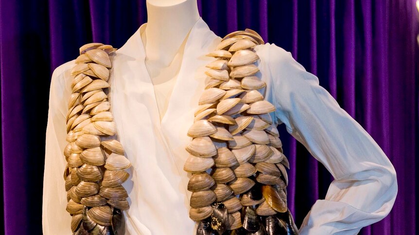 Hand-sewn vest of mussels and clam shells, part of the Edible Fashion Collection exhibition.
