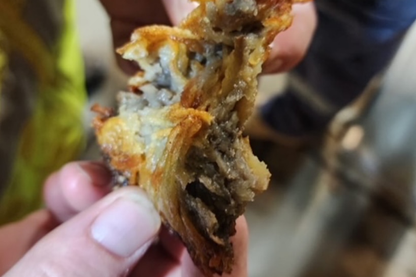 A close up image of a hand holding a potato cake