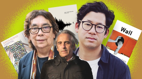 A composite of three portraits of writers and three book covers