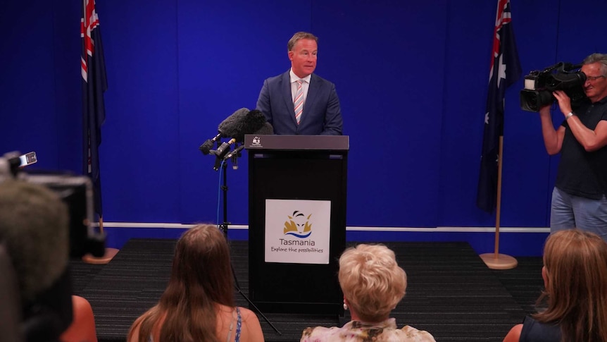 Tasmanian Premier Will Hodgman stands in front of the press in Hobart as he announces his resignation.