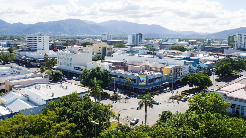 A wide elevated image of a city centre intersection in Cairns