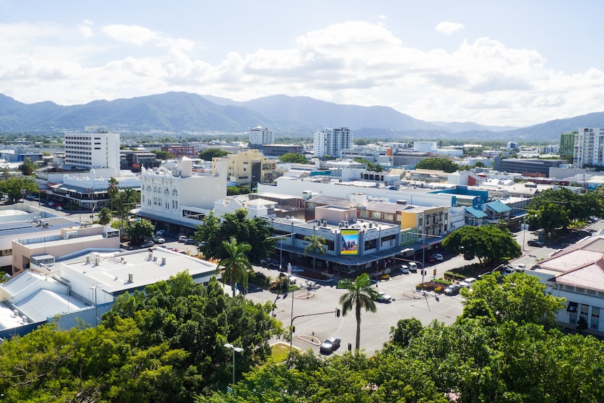 A wide elevated image of a city centre intersection in Cairns