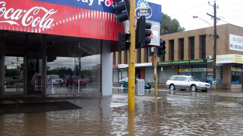 Floodwaters fill a street in the northern Victorian town of Shepparton on March 7, 2010.