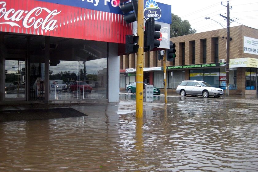 Floodwaters fill a street in the northern Victorian town of Shepparton on March 7, 2010.