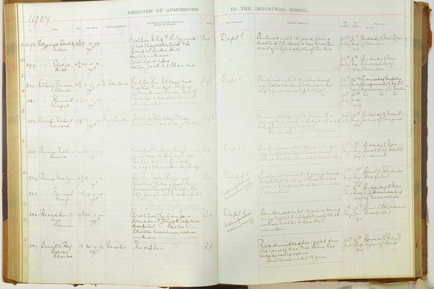 A record of Ronald Sharpe's mother Eva Broadbent, in the admissions book for the Adelaide Industrial School.