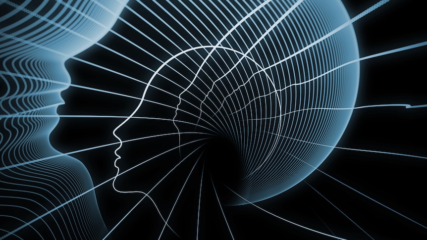 Composition of profile lines of human head on the subject of education, science, technology and graphic design