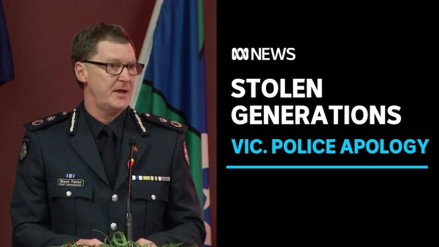 Stolen Generations, Vic. Police Apology: A police officer in formal uniform speaks into a microphone at a podium.